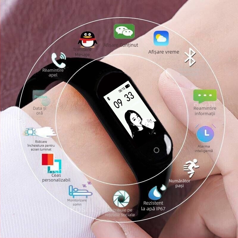 Brățară inteligentă M4 – compatibilă Android, autonomie baterie 7-14 zile, curea TPU, memorie 32MB, notificări inteligente