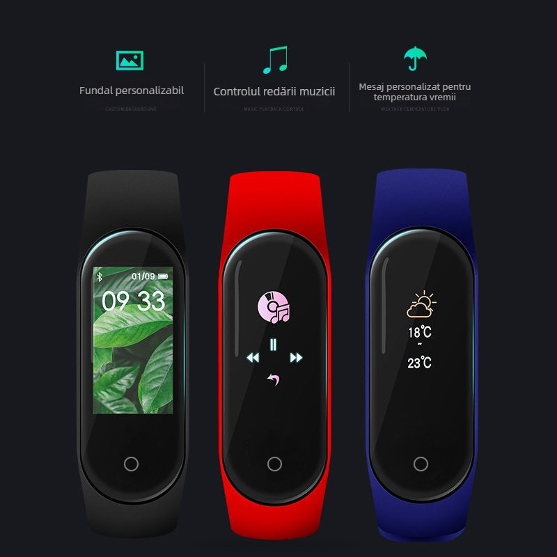 Brățară inteligentă M4 – compatibilă Android, autonomie baterie 7-14 zile, curea TPU, memorie 32MB, notificări inteligente