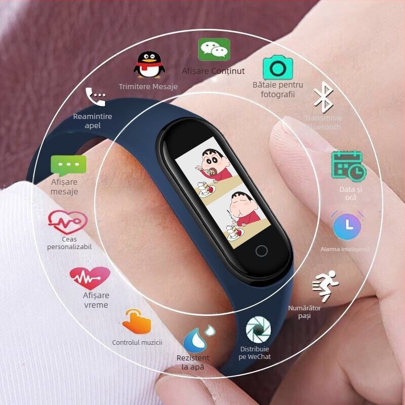 Brățară inteligentă M4 – compatibilă Android, autonomie baterie 7-14 zile, curea TPU, memorie 32MB, notificări inteligente