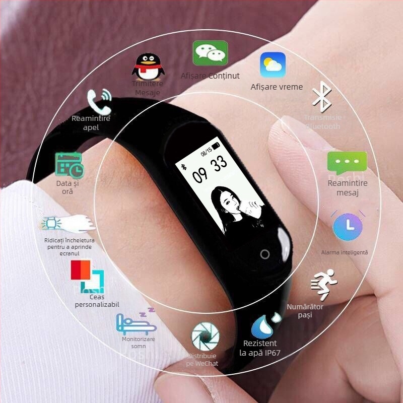 Brățară inteligentă M4 – compatibilă Android, autonomie baterie 7-14 zile, curea TPU, memorie 32MB, notificări inteligente