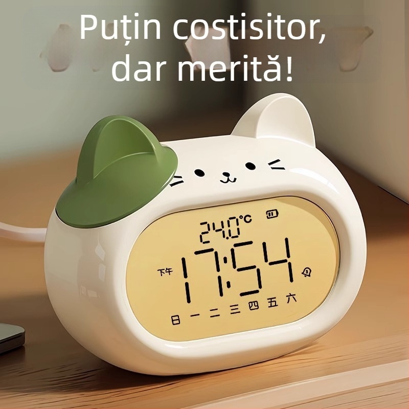 Ceas deșteptător pentru copii, design desen animat, afișaj LED, alimentat cu baterii, mișcare electronică (grosime 14 mm, husă ABS)