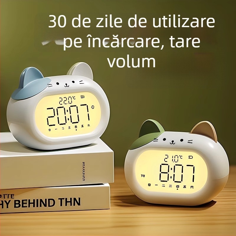 Ceas deșteptător pentru copii, design desen animat, afișaj LED, alimentat cu baterii, mișcare electronică (grosime 14 mm, husă ABS)
