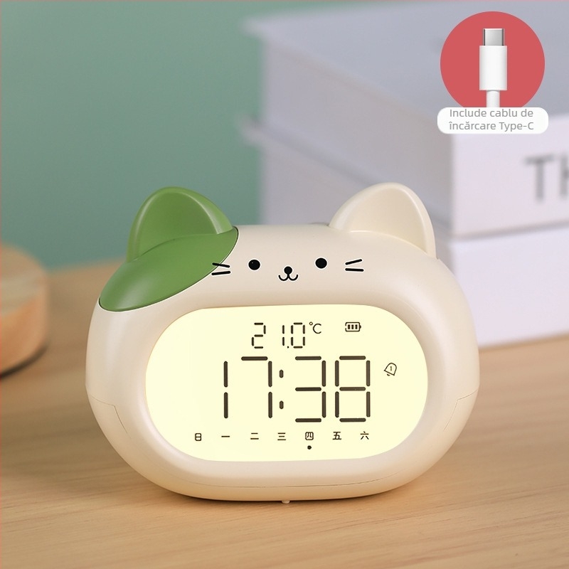 Ceas deșteptător pentru copii, design desen animat, afișaj LED, alimentat cu baterii, mișcare electronică (grosime 14 mm, husă ABS)