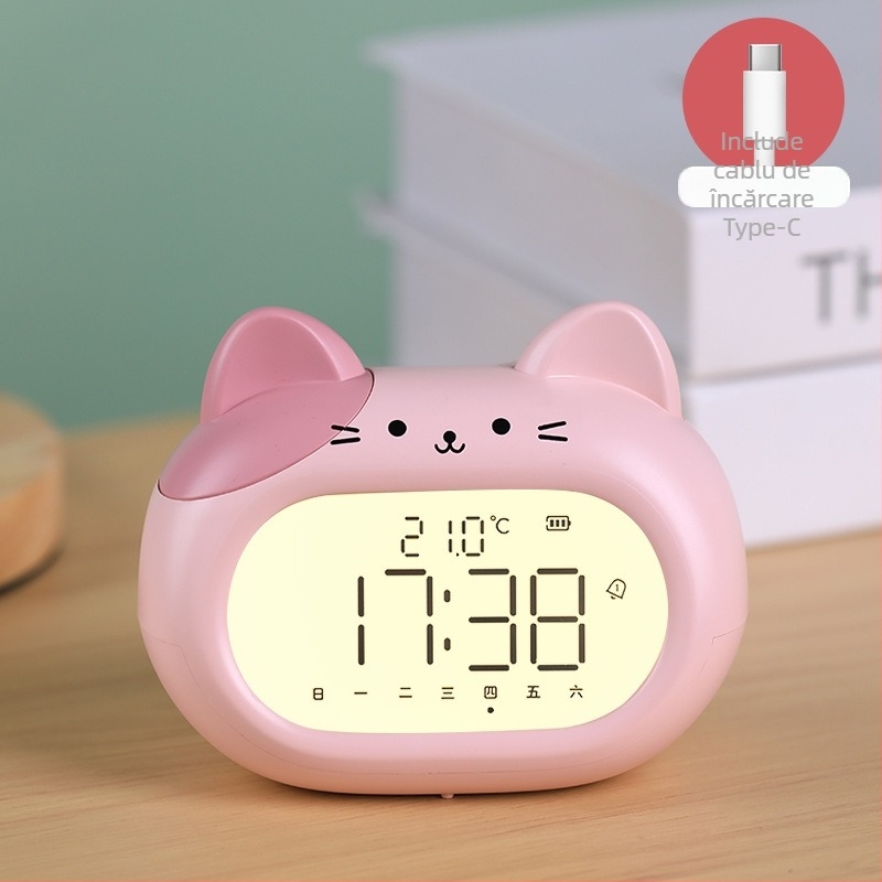 Ceas deșteptător pentru copii, design desen animat, afișaj LED, alimentat cu baterii, mișcare electronică (grosime 14 mm, husă ABS)