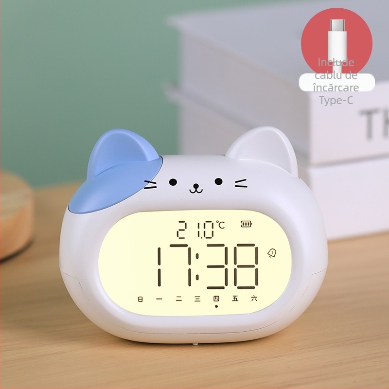 Ceas deșteptător pentru copii, design desen animat, afișaj LED, alimentat cu baterii, mișcare electronică (grosime 14 mm, husă ABS)