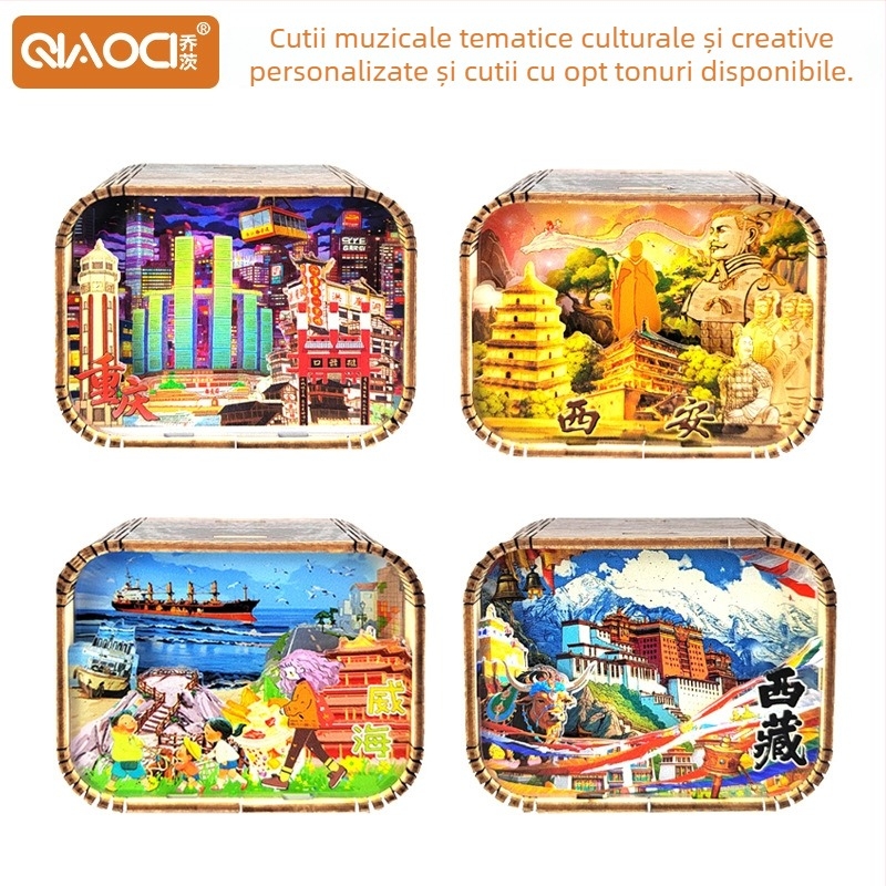 Cutie muzicală din lemn cu atracții ale orașelor — cadou personalizabil cu logo imprimat; opțiuni de procesare: vopsire, sculptură, imprimare UV
