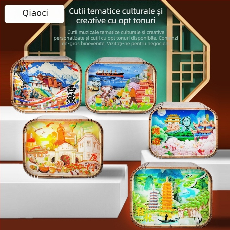 Cutie muzicală din lemn cu atracții ale orașelor — cadou personalizabil cu logo imprimat; opțiuni de procesare: vopsire, sculptură, imprimare UV