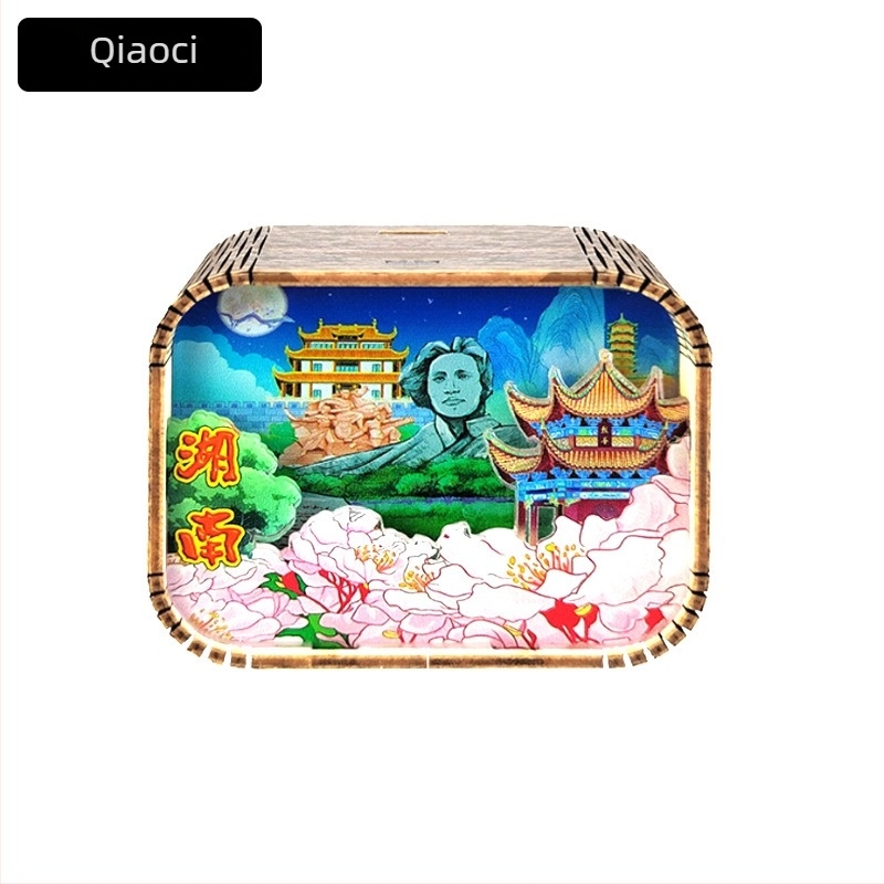 Cutie muzicală din lemn cu atracții ale orașelor — cadou personalizabil cu logo imprimat; opțiuni de procesare: vopsire, sculptură, imprimare UV