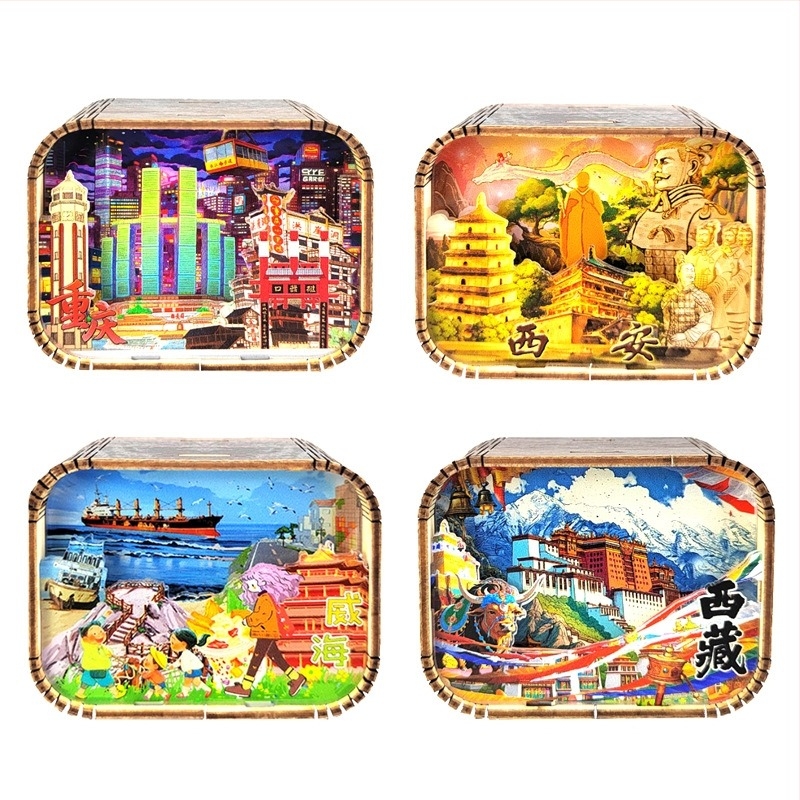 Cutie muzicală din lemn cu atracții ale orașelor — cadou personalizabil cu logo imprimat; opțiuni de procesare: vopsire, sculptură, imprimare UV