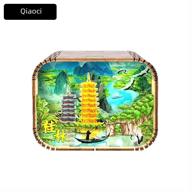 Cutie muzicală din lemn cu atracții ale orașelor — cadou personalizabil cu logo imprimat; opțiuni de procesare: vopsire, sculptură, imprimare UV