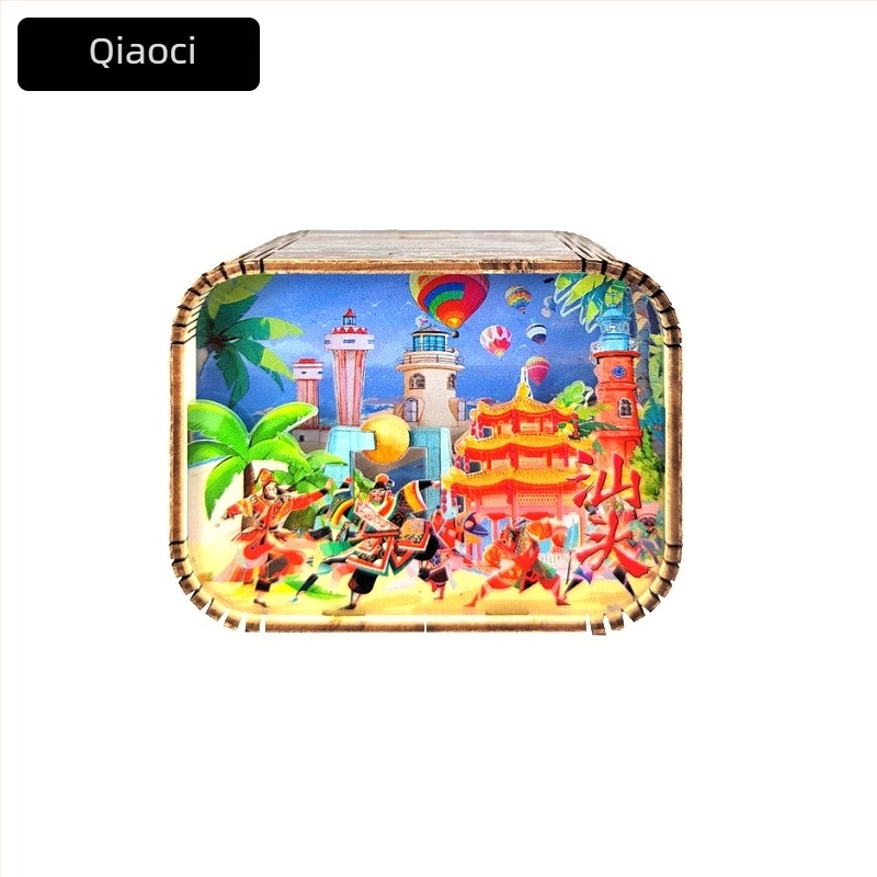 Cutie muzicală din lemn cu atracții ale orașelor — cadou personalizabil cu logo imprimat; opțiuni de procesare: vopsire, sculptură, imprimare UV