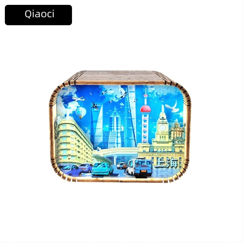 Cutie muzicală din lemn cu atracții ale orașelor — cadou personalizabil cu logo imprimat; opțiuni de procesare: vopsire, sculptură, imprimare UV