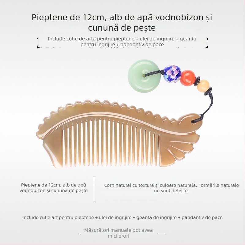 Mu Yi Ke Pieptene din corn de bivol pentru bărbați și femei - anti-static, masaj al scalpului prin meridiane, lungime 15–20 cm
