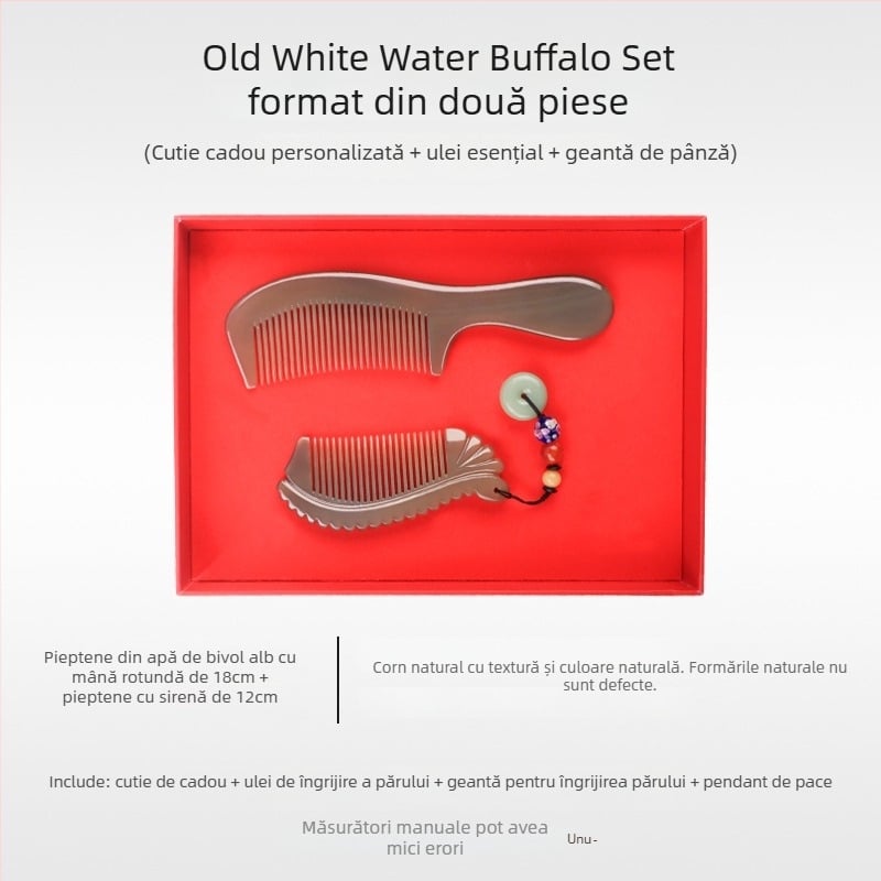 Mu Yi Ke Pieptene din corn de bivol pentru bărbați și femei - anti-static, masaj al scalpului prin meridiane, lungime 15–20 cm