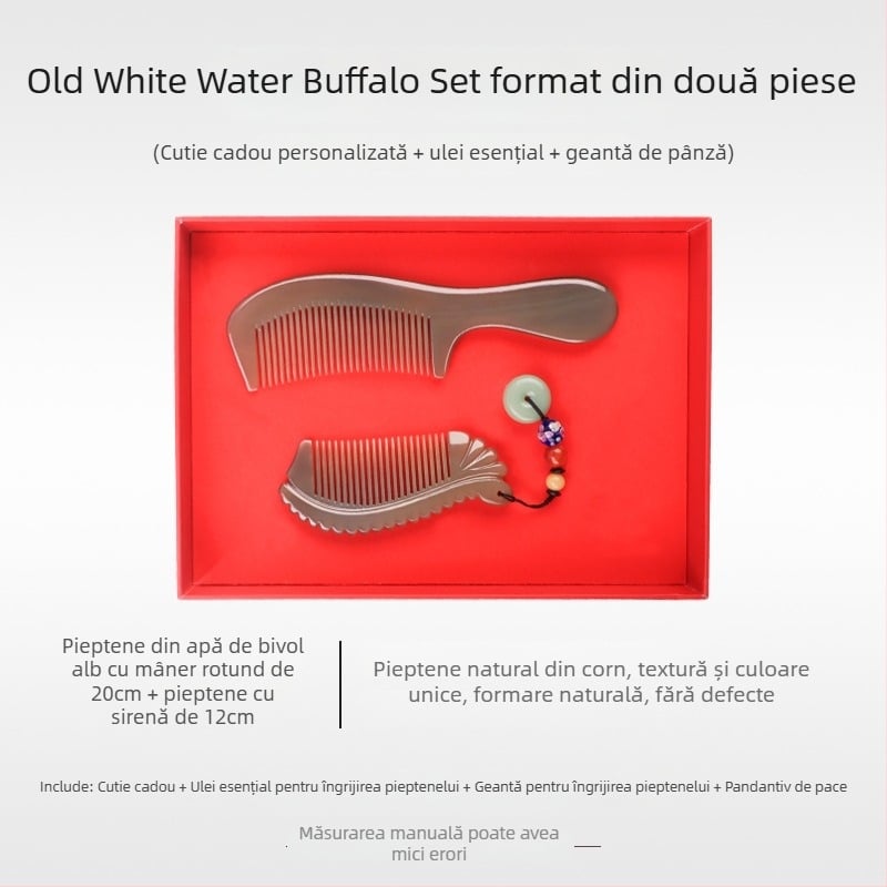 Mu Yi Ke Pieptene din corn de bivol pentru bărbați și femei - anti-static, masaj al scalpului prin meridiane, lungime 15–20 cm
