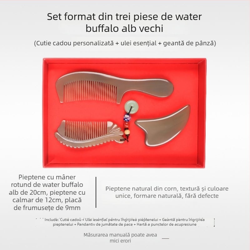 Mu Yi Ke Pieptene din corn de bivol pentru bărbați și femei - anti-static, masaj al scalpului prin meridiane, lungime 15–20 cm