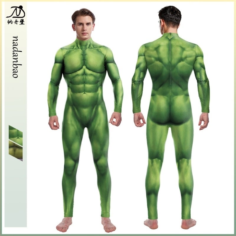 Costum verde de cosplay cu imprimare digitală — bodysuit muscular pentru reprezentații