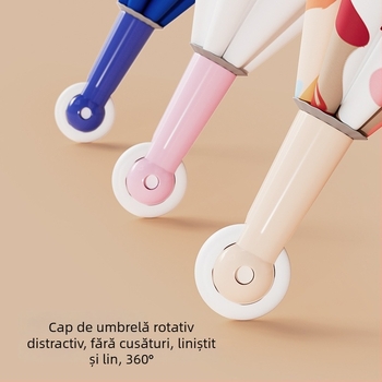 Mu Meng Umbrelă pentru copii – pentru școală, dublu strat, pentru soare și ploaie, 6 brațe din aluminiu, ramă și mâner din aluminiu, tijă EVA, stil desen animat, mâner lung