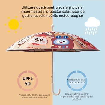 Mu Meng Umbrelă pentru copii – pentru școală, dublu strat, pentru soare și ploaie, 6 brațe din aluminiu, ramă și mâner din aluminiu, tijă EVA, stil desen animat, mâner lung