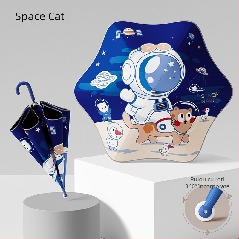 Mu Meng Umbrelă pentru copii – pentru școală, dublu strat, pentru soare și ploaie, 6 brațe din aluminiu, ramă și mâner din aluminiu, tijă EVA, stil desen animat, mâner lung