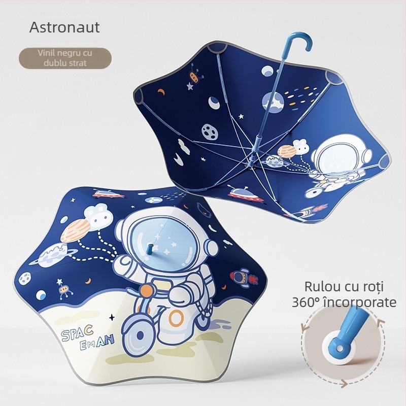 Mu Meng Umbrelă pentru copii – pentru școală, dublu strat, pentru soare și ploaie, 6 brațe din aluminiu, ramă și mâner din aluminiu, tijă EVA, stil desen animat, mâner lung