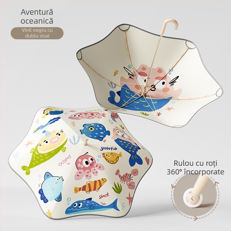 Mu Meng Umbrelă pentru copii – pentru școală, dublu strat, pentru soare și ploaie, 6 brațe din aluminiu, ramă și mâner din aluminiu, tijă EVA, stil desen animat, mâner lung