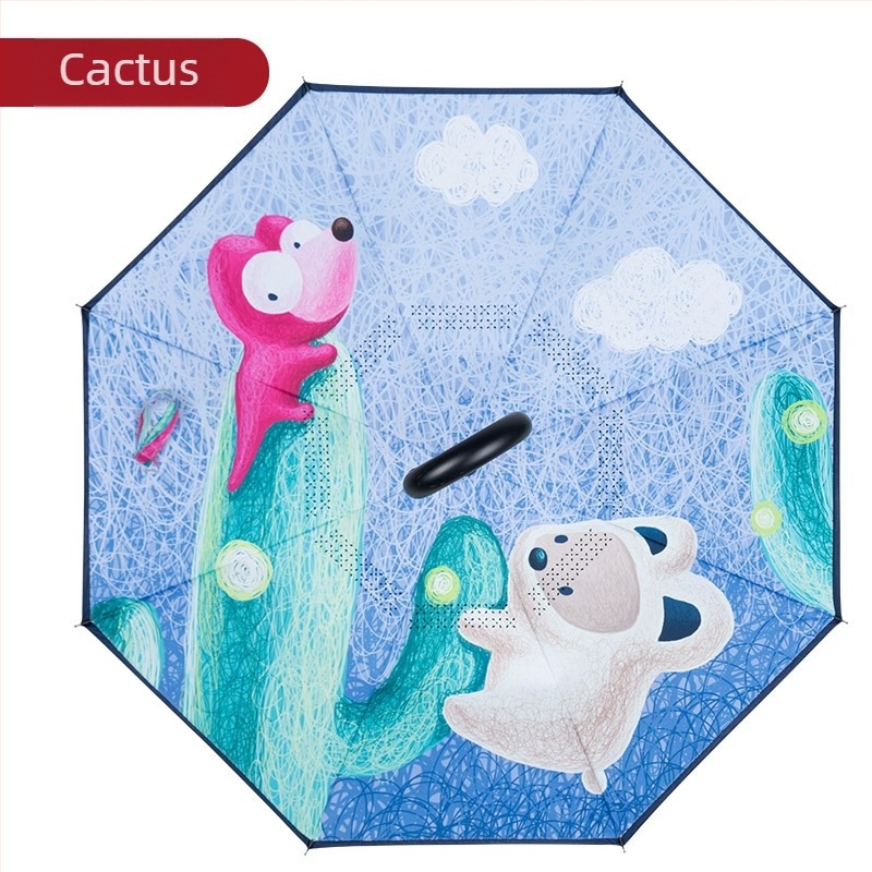 Bear Brother Umbrelă pentru copii, siguranță, design invers cu două straturi, 8 nervuri din fibră, țesătură 190T PG cu efect lotus, deschidere/închidere manuală, logo personalizabil