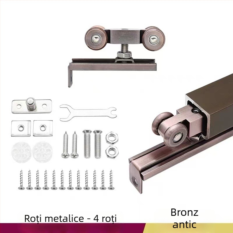 Rulă pentru ușă glisantă – aliaj de zinc, 4 role metalice, sarcină maximă 200 kg, pentru uși din lemn masiv