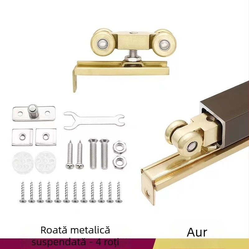 Rulă pentru ușă glisantă – aliaj de zinc, 4 role metalice, sarcină maximă 200 kg, pentru uși din lemn masiv