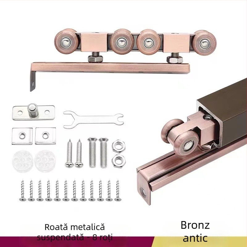 Rulă pentru ușă glisantă – aliaj de zinc, 4 role metalice, sarcină maximă 200 kg, pentru uși din lemn masiv
