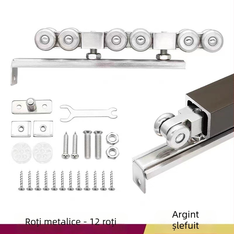 Rulă pentru ușă glisantă – aliaj de zinc, 4 role metalice, sarcină maximă 200 kg, pentru uși din lemn masiv