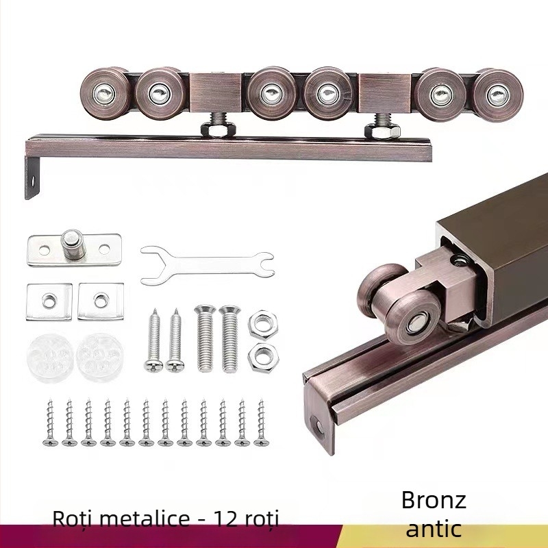 Rulă pentru ușă glisantă – aliaj de zinc, 4 role metalice, sarcină maximă 200 kg, pentru uși din lemn masiv