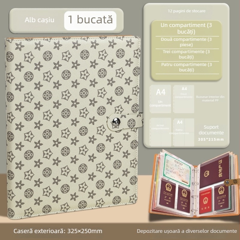 Geantă din piele cu închidere cu capse pentru depozitare documente, model H008, pagini interioare din PVC, 18–24 foi, înlocuire a cărții informative, personalizare cu logo