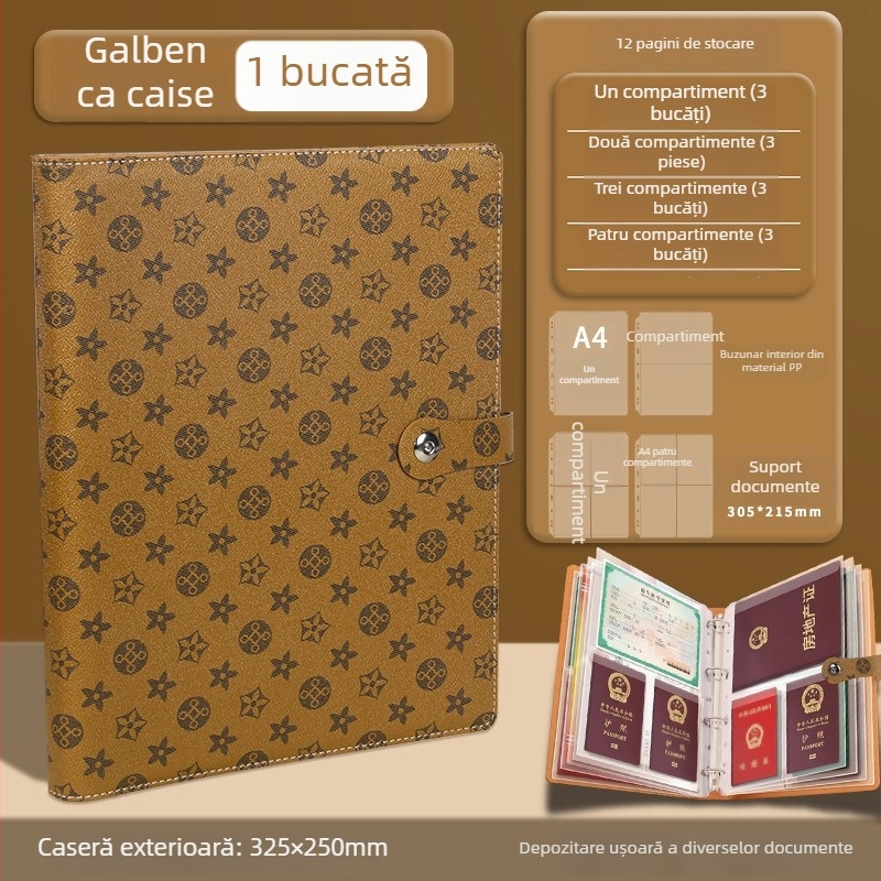 Geantă din piele cu închidere cu capse pentru depozitare documente, model H008, pagini interioare din PVC, 18–24 foi, înlocuire a cărții informative, personalizare cu logo