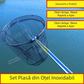 Plasă de pescuit din oțel inoxidabil, telescopic cu tijă îngroșată, cap de plasă pliabil și husă de transport