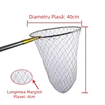 Plasă de pescuit din oțel inoxidabil, telescopic cu tijă îngroșată, cap de plasă pliabil și husă de transport