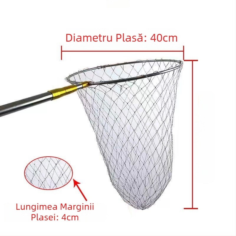Plasă de pescuit din oțel inoxidabil, telescopic cu tijă îngroșată, cap de plasă pliabil și husă de transport