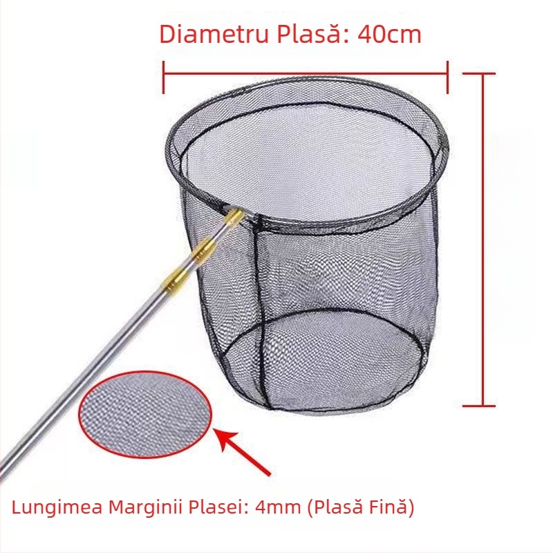 Plasă de pescuit din oțel inoxidabil, telescopic cu tijă îngroșată, cap de plasă pliabil și husă de transport