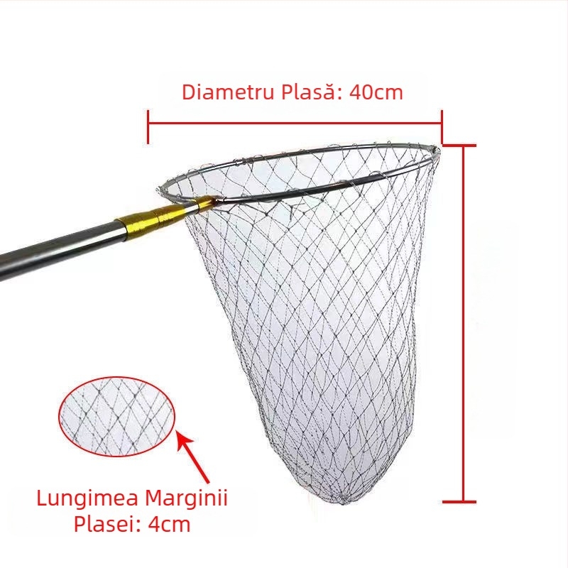 Plasă de pescuit din oțel inoxidabil, telescopic cu tijă îngroșată, cap de plasă pliabil și husă de transport