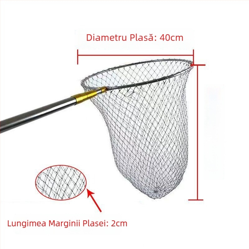 Plasă de pescuit din oțel inoxidabil, telescopic cu tijă îngroșată, cap de plasă pliabil și husă de transport