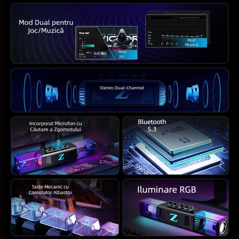 Boxă desktop pentru jocuri cu microfon, Bluetooth dual-mod și conexiune prin cablu, 20W, 100Hz-20kHz, sunet stereo