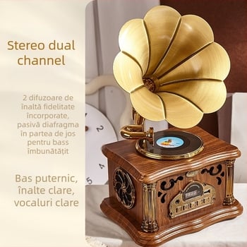 Difuzor Bluetooth în formă de gramofon, 20W, Bluetooth 5.3, baterie încorporată 1200–2000 mAh, răspuns în frecvență 100 Hz–20 kHz, SNR ≥ 100 dB