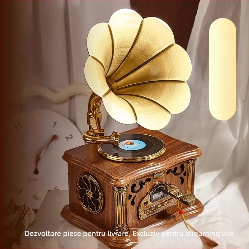 Difuzor Bluetooth în formă de gramofon, 20W, Bluetooth 5.3, baterie încorporată 1200–2000 mAh, răspuns în frecvență 100 Hz–20 kHz, SNR ≥ 100 dB