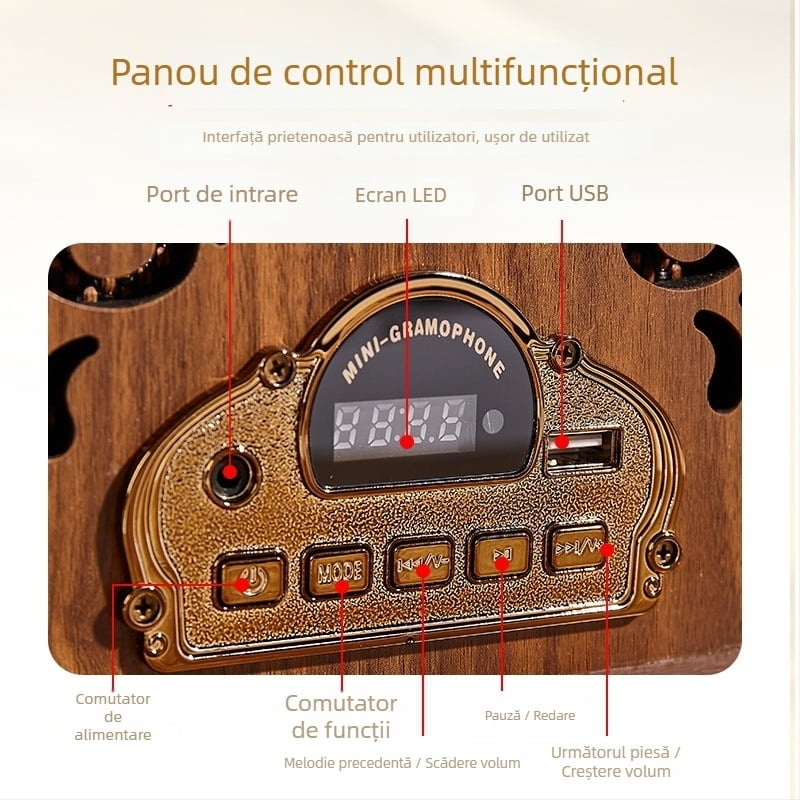 Difuzor Bluetooth în formă de gramofon, 20W, Bluetooth 5.3, baterie încorporată 1200–2000 mAh, răspuns în frecvență 100 Hz–20 kHz, SNR ≥ 100 dB