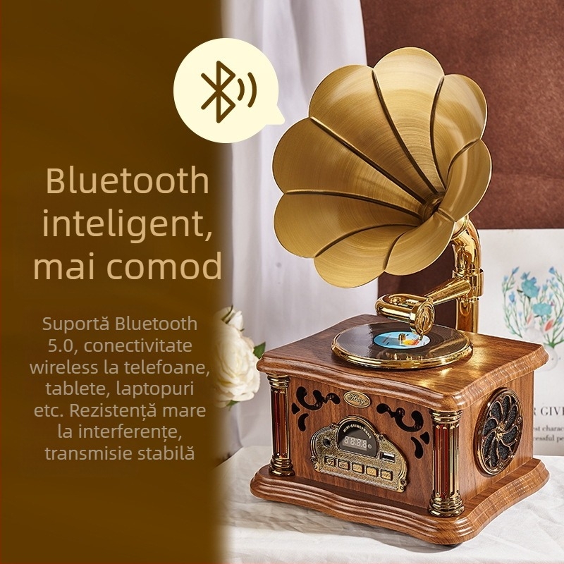 Difuzor Bluetooth în formă de gramofon, 20W, Bluetooth 5.3, baterie încorporată 1200–2000 mAh, răspuns în frecvență 100 Hz–20 kHz, SNR ≥ 100 dB