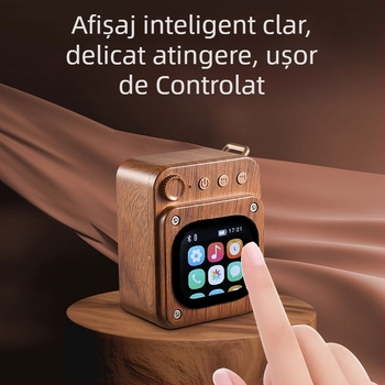 Boxă Bluetooth cu finisaj lemn natural, ecran tactil și slot pentru card, ieșire 5W, Bluetooth 5.3, rază de 10 m, bandă 100 Hz–20 kHz, SNR ≥70 dB