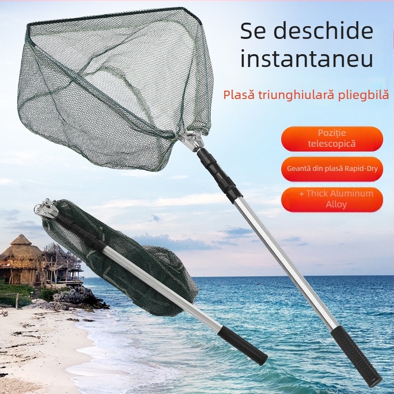 Plasă de pescuit din aliaj de aluminiu, triunghiulară, integrată și pliabilă, cu cap de plasă retractabil, deschidere 40 cm, ochi fini