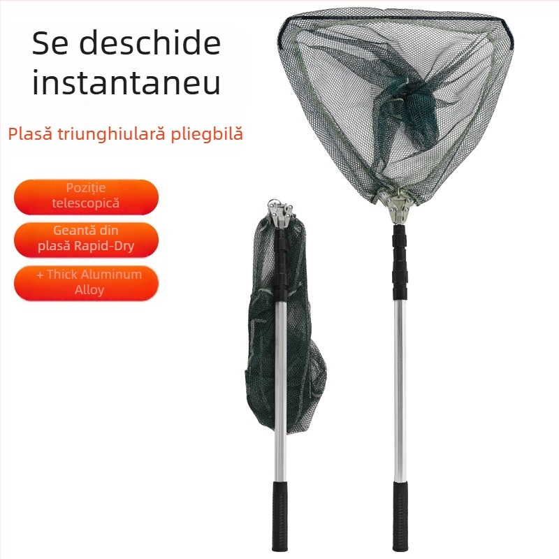 Plasă de pescuit din aliaj de aluminiu, triunghiulară, integrată și pliabilă, cu cap de plasă retractabil, deschidere 40 cm, ochi fini