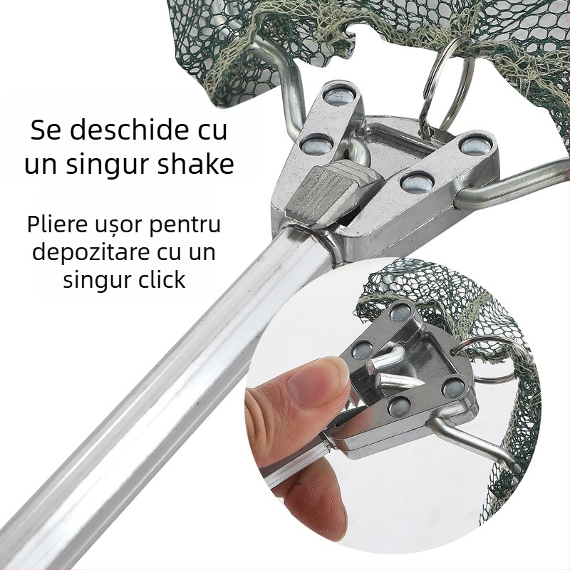 Plasă de pescuit din aliaj de aluminiu, triunghiulară, integrată și pliabilă, cu cap de plasă retractabil, deschidere 40 cm, ochi fini