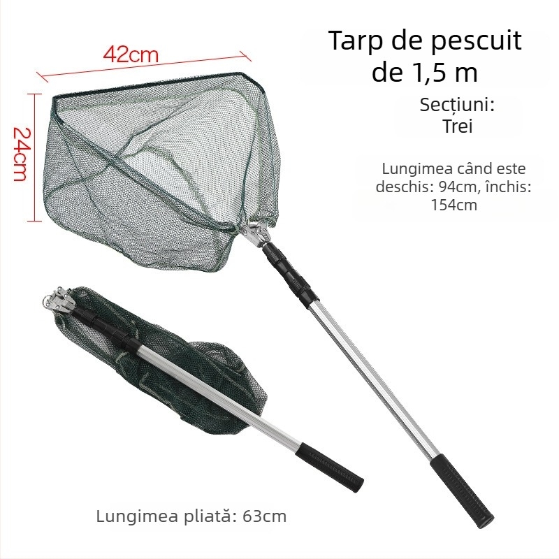 Plasă de pescuit din aliaj de aluminiu, triunghiulară, integrată și pliabilă, cu cap de plasă retractabil, deschidere 40 cm, ochi fini